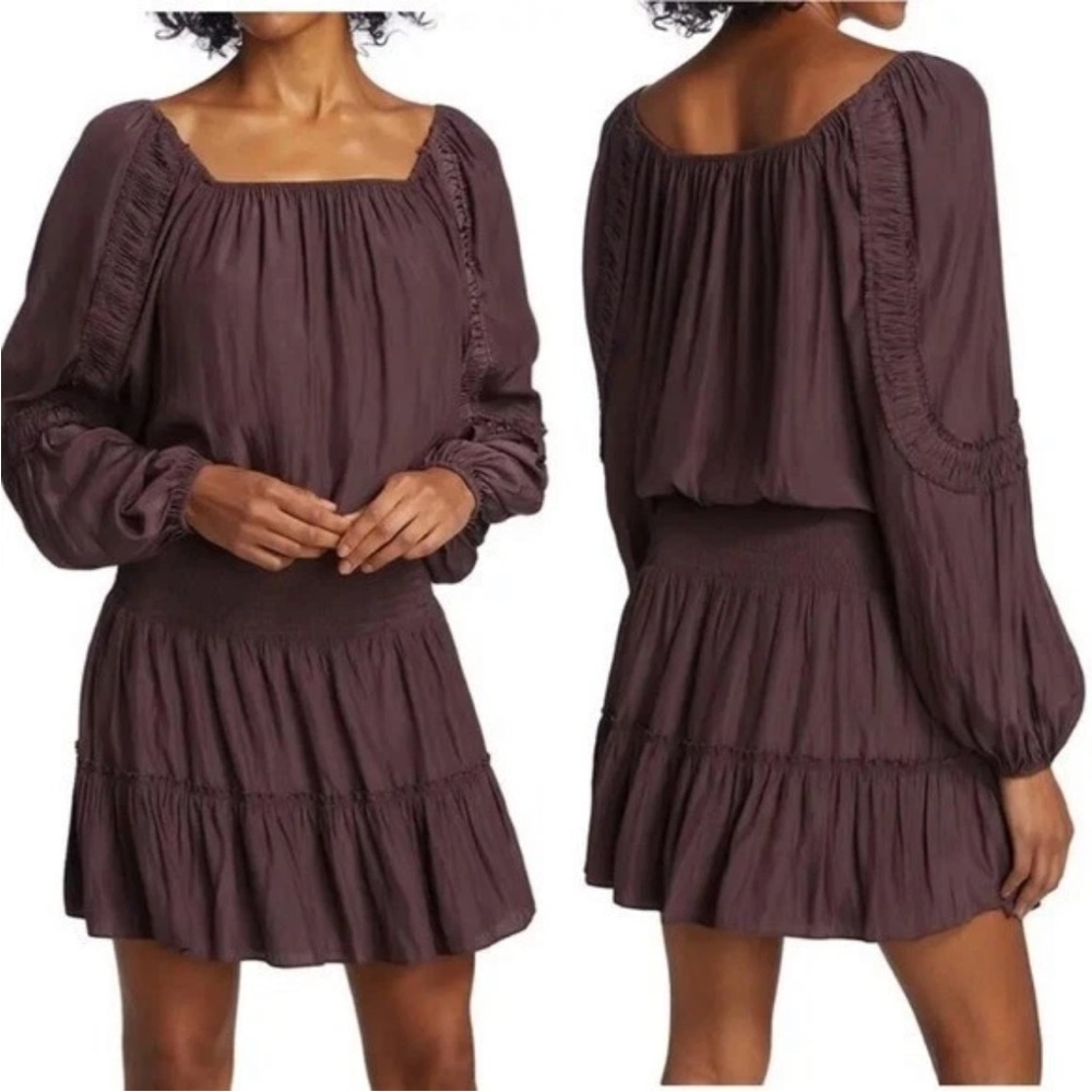 Ramy Brook‎ Silvy Blouson Sleeves Raisin Purple Long Sleeve Mini Dress Sz Small